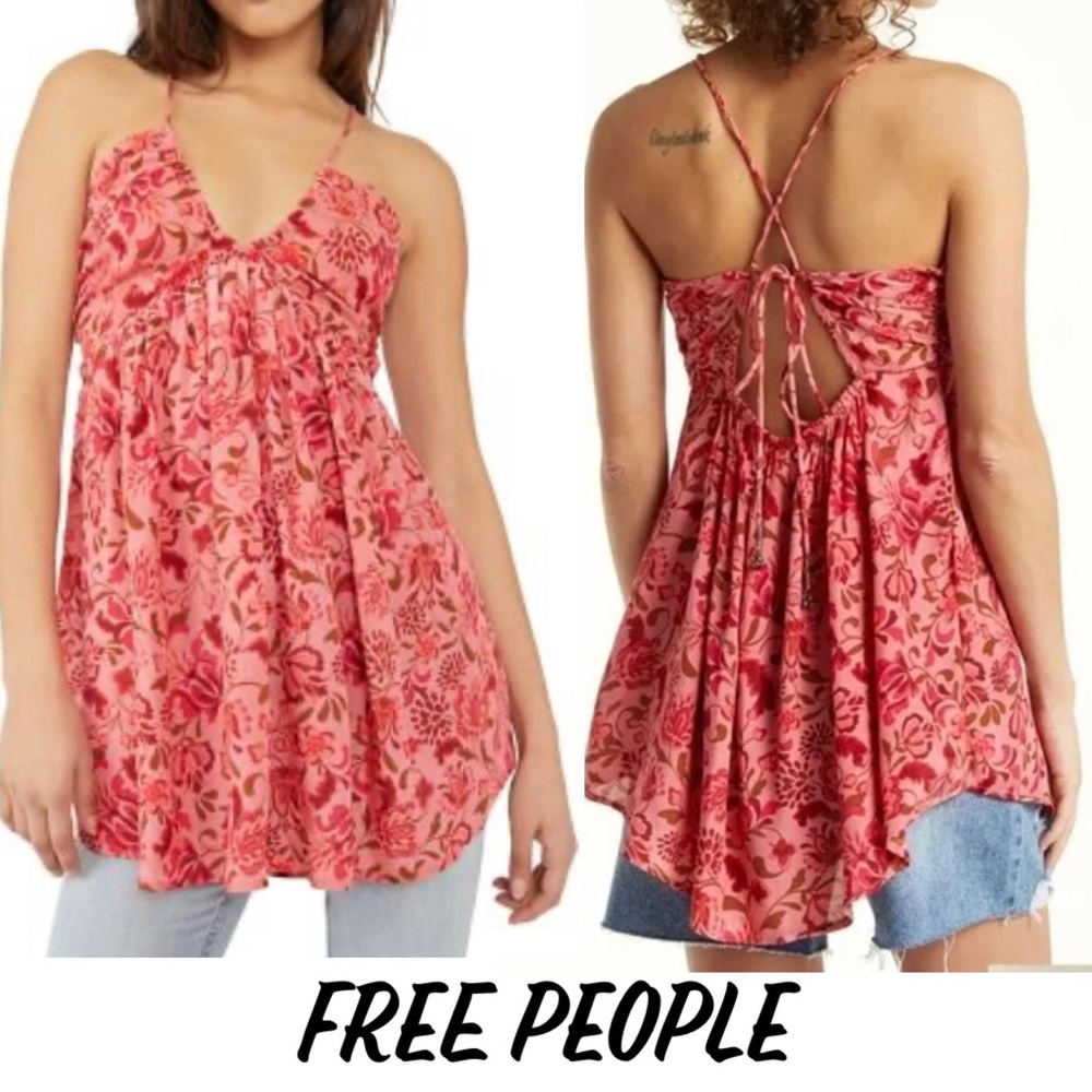NWT- FREE PEOPLE- women’s pixie floral sleeveless tie open back tunic - size M